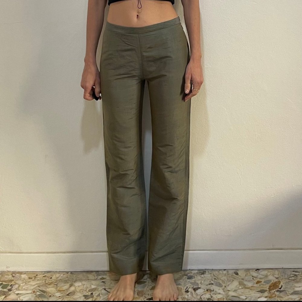 90s Romeo Gigli Minimalist Iridescent Blue Brown Silk Cigarette Trousers Pants